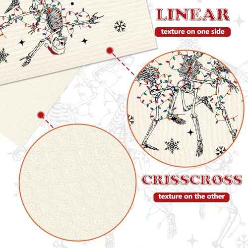 Whaline 4Pcs Christmas Swedish Dishcloth Xmas Dancing Skeleton Cotton Kitchen Towel Absorbent Dish Towel for Winter Holiday Housewarming Farmhouse, 7 x 8 Inch