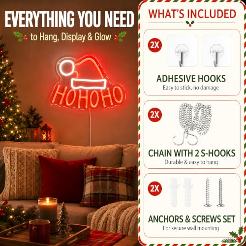 HOHOHO Christmas Neon Sign with Santa Hat - USB Powered LED Wall Decor
