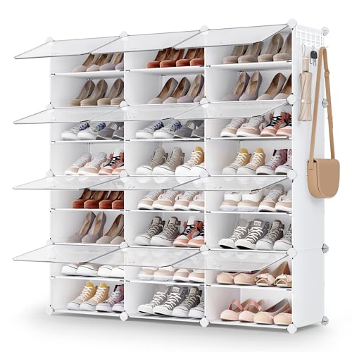 SONGMICS 12-Tier Shoe Rack with Doors - Cloud White & Transparent Variation