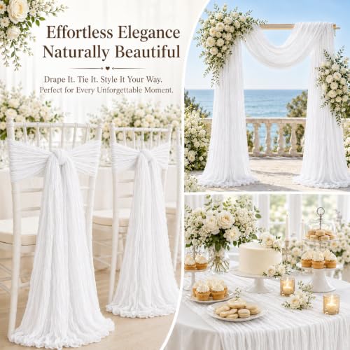 Miraluna 12-Pack White Cheesecloth Table Runners 17x108in – Semi-Sheer, No-Cut Banquet Linen (White, 12pcs)