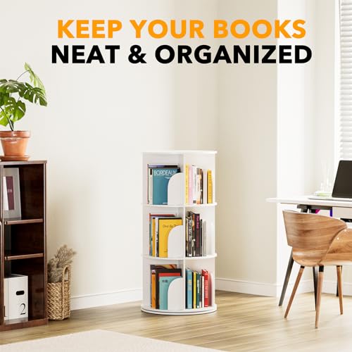 SpaceAid 3-Tier Rotating Bookshelf Tower, 37.8" White Spinning Bookcase Lazy Susan