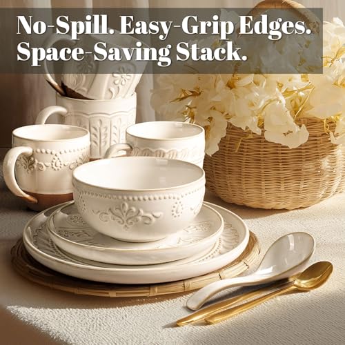 Artena 16-Piece Dinnerware Set with Embossed Patterns and Spoons - White, Multiple Patterns