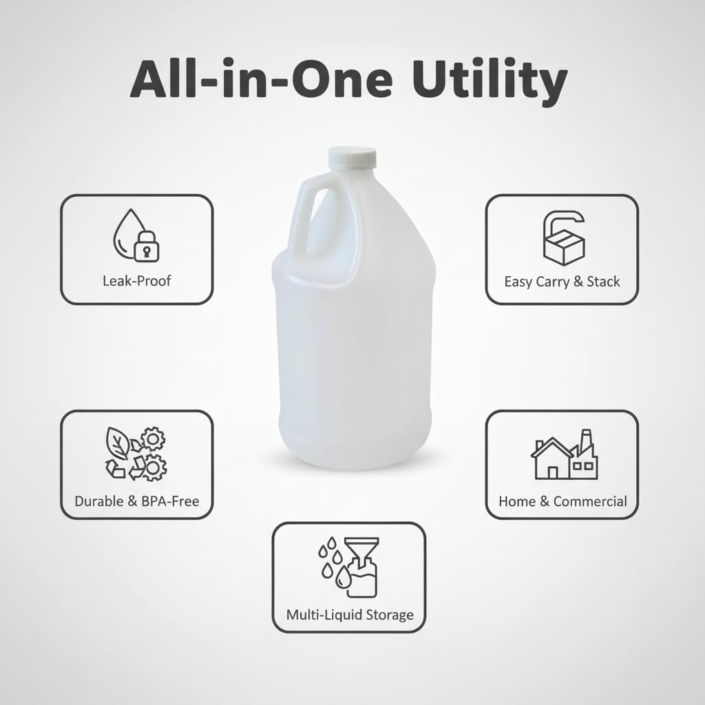 1-Gallon HDPE Plastic Jugs, Water Jug With Child-Safe Lids–BPA-Free,Leakproof, Stackable Containers,1 Gallon Water Bottle For Fermentation,Brewing,Storage,Detergent Mixing & Industrial Use (1-Pack)