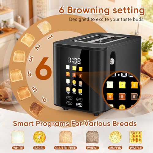 Hommater Matte Black Touch Screen 2-Slice Toaster with Digital Countdown & 6 Bread Settings