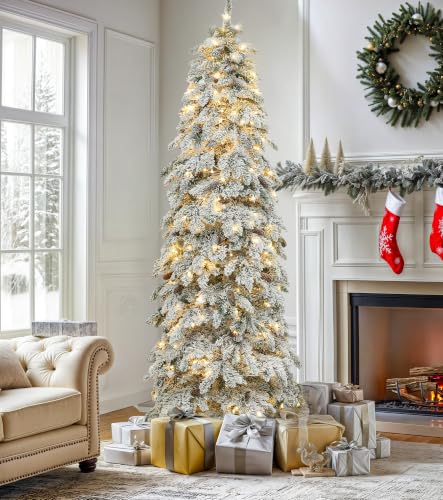 DWVO 9FT Prelit Flocked Pencil Spruce Christmas Tree with LED Lights - Slim & Full Decor