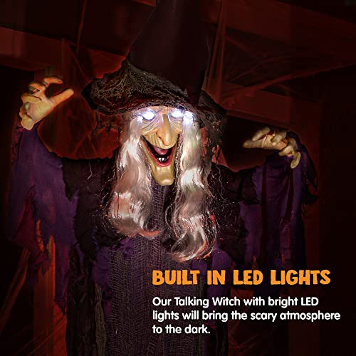 Wicked Halloween Hanging Witch Decoration - Light-Up Talking Ghost with Sound Activation, 72 Inches Purple Outdoor & Indoor Haunted House Prop