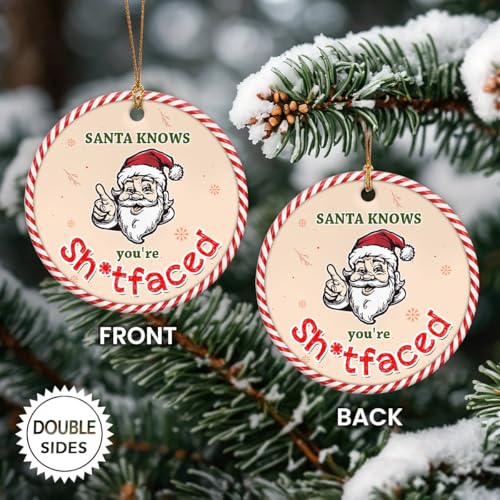 Funny Santa Ornaments 2025 - Santa Knows Hilarious Meme-Inspired Christmas Tree Decorations, Funny Gifts for Women Men Friends, Claus Ornaments for Christmas Tree - Round Ceramic Ornament