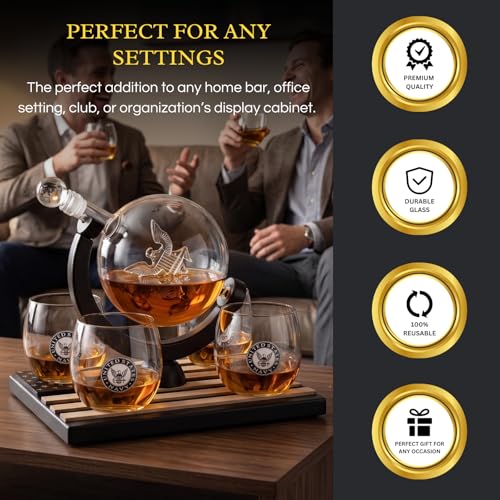 Navy Globe Whiskey Decanter Set with Glasses & Whiskey Stones - Veteran Gift