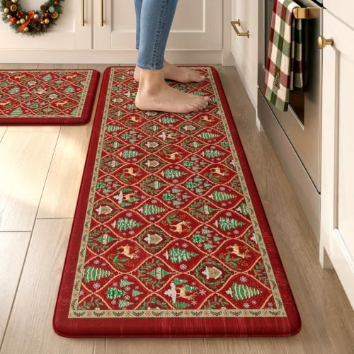 Collive Red Elk Christmas Kitchen Anti-Fatigue Mats Set 17.3 x 47" + 17.3 x 29", 0.47" Thick