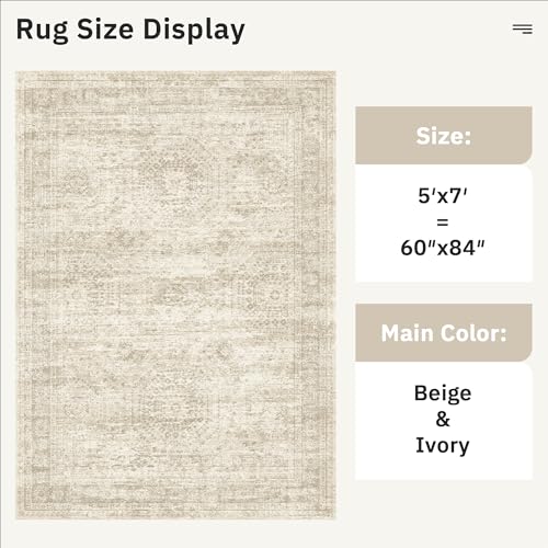 Beige 5x7 Area Rug - Washable Low-Pile Geometric Faded Style Non-Slip Home Decor