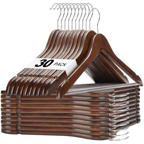 Heavy Duty Walnut Wooden Hangers 30 Pack - Closet Coat & Shirt Hangers