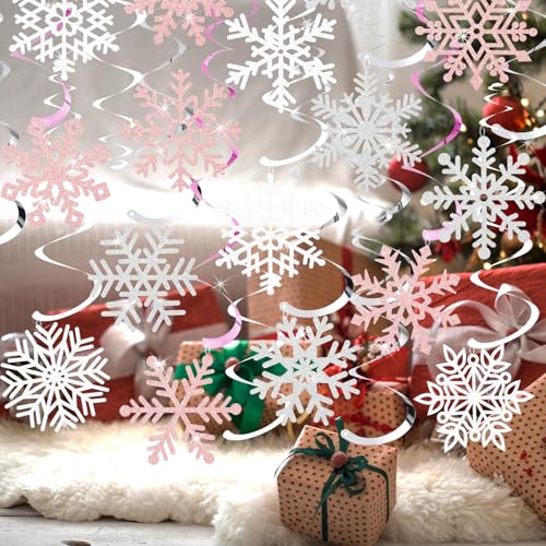 30Pcs Winter Snowflake Hanging Swirl Decorations, Pink White Silver Christmas Glitter Snowflake Hanging Swirls Ornaments Ceiling Streamers for Xmas Winter Wonderland Frozen Birthday Party Supplies