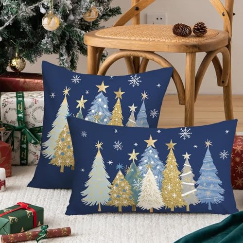 Christmas Pillow Cover 20x20 Inch Watercolor Tree & Stars Holiday Decor