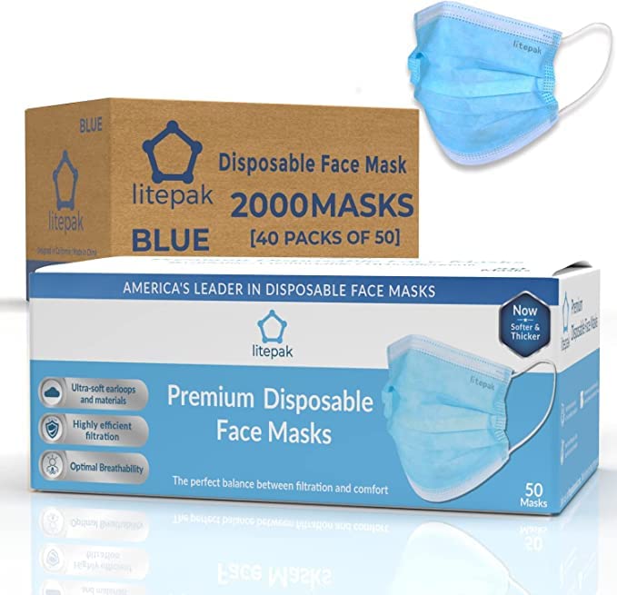 Blue Disposable Face Masks 2000pcs 3-Ply Breathable Covering with Nose Wire - Adult Mask