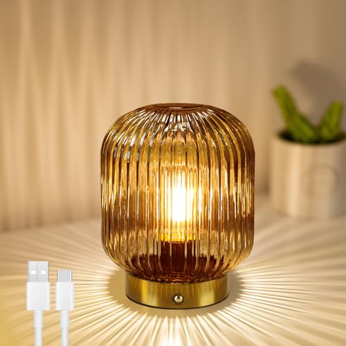Rechargeable Cordless Table Lamp - Amber Glass with Memory Function