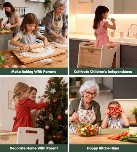 White Toddler Kitchen Helper Stool - Adjustable 3-Level Wooden Learning Step for Kids