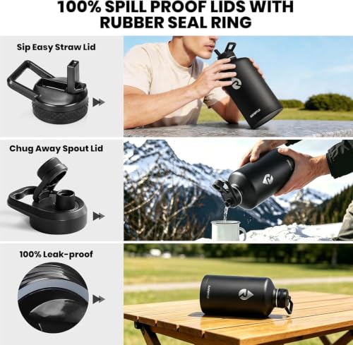 RAYMYLO 128 oz Insulated Water Bottle - Black, Triple Wall Stainless Steel, Leak-Proof, + Paracord Handle