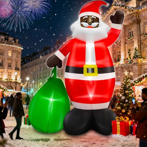 TURNMEON 14 Ft Black Santa Inflatable with Gift Bag, Built-in LEDs - African American Xmas Yard Decoration