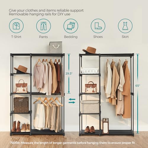 Portable Closet Organizer with Shelves and Hanging Rod - Black, 44.1"L x 65"H