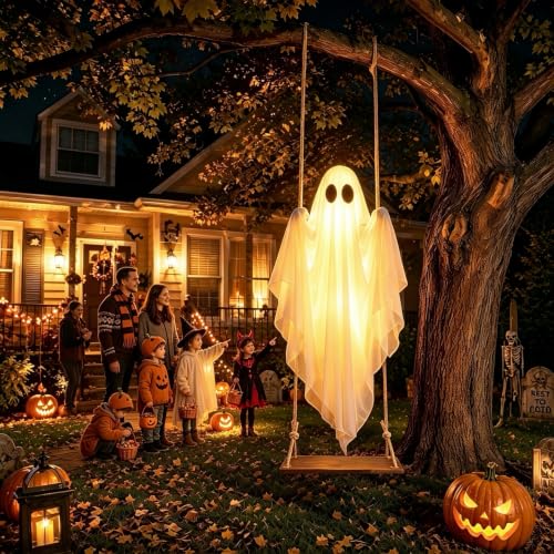 BAICIWE Outdoor Halloween Hanging Ghost Decor 4-8FT, White Remote Light
