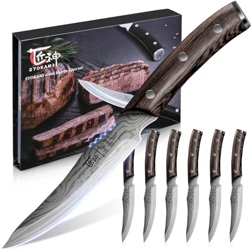 SYOKAMI Set of 6 Damascus Pattern Steak Knives with Gift Box, 4.8 Inch Non-Serrated Meat Knives