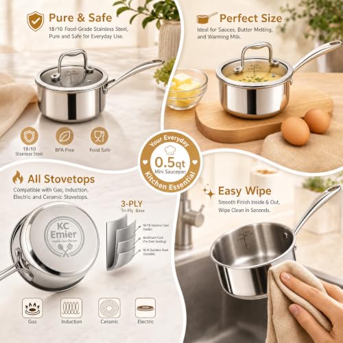 KC-Emier 0.5 Quart Silver Mini Sauce Pan with Lid, Stay-Cool Handle, All Cooktop