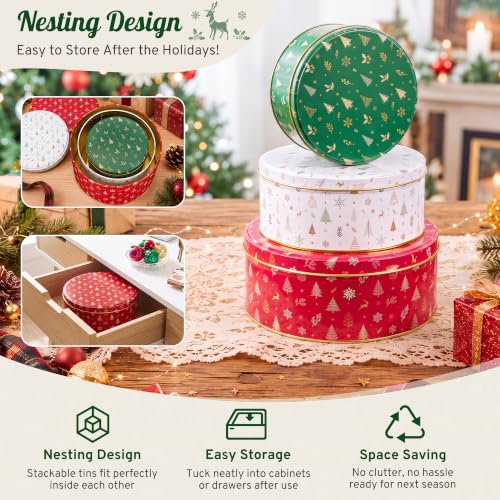 3 Pack Christmas Cookie Tins with Lids - Nesting Metal Storage Containers with Parchment Sheets