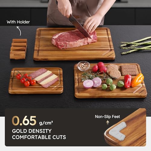 Nomsters 3-Pack Teak Wood Cutting Boards Set with Holder, Non-Slip Base, 10/13/17 Inch