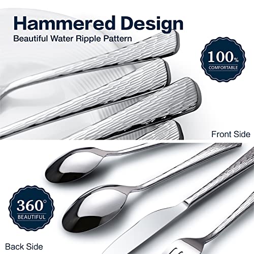 Kingstone 60-Piece Silver Flatware Set 18/10 Stainless Steel Hammered Finish for 12