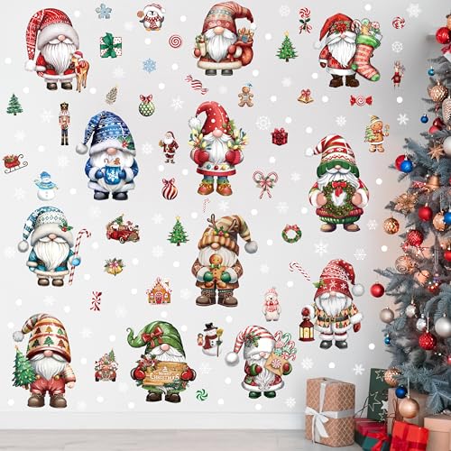 12 Sheets Christmas Gnome Wall Stickers Decorations, Xmas Wall Decals Holiday Gnome Snowflakes Floor Wall Vinyl Stickers for Living Room Bedroom Home Office Decor
