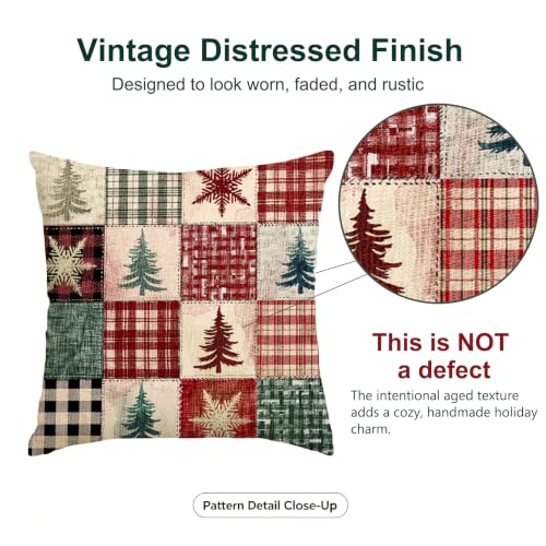 RABUSOFA Christmas Pillow Cover 18x18 Red Plaid, Invisible Zipper, 100% Polyester Linen