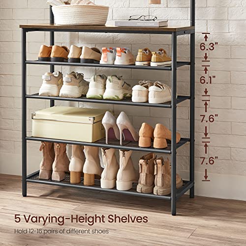 VASAGLE 31.5W Hall Tree with Shoe Bench, 5-Tier Shoe Rack & Dual Hooks, Rustic Brown & Black