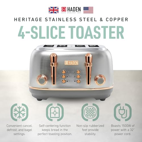 Haden Heritage 4-Slice Wide Slot Stainless Steel Toaster with Copper Finish - Modern Kitchen Appliance