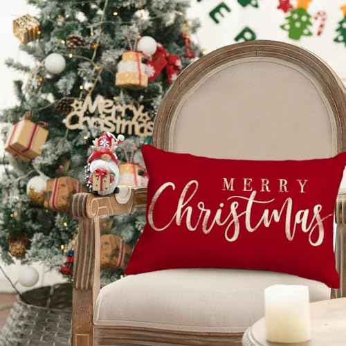 RABUSOFA Merry Christmas Pillow Covers 12x20 Inch,Red Xmas Decor Winter Holiday Outdoor Lumbar Cushion Case Decoration for Home Sofa (Red, 20" x 12" (Pack of 1))