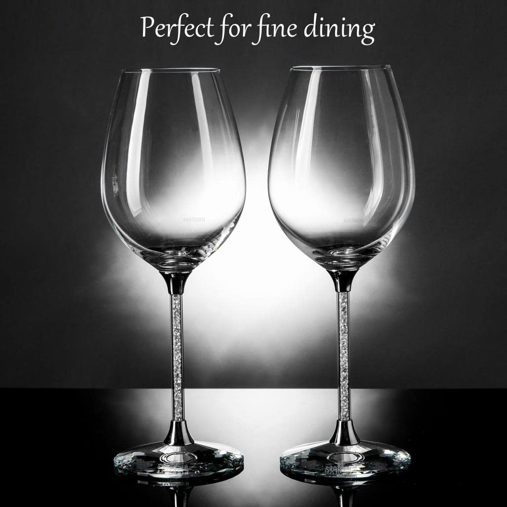 Matashi Crystal Wine Glasses Set of 2 (18.5 oz) - Clear Crystal Filled Stem, Luxury Decorative Wine Glass Gift Set for Wedding, Anniversary, Elegant Red & White Wine Glasses