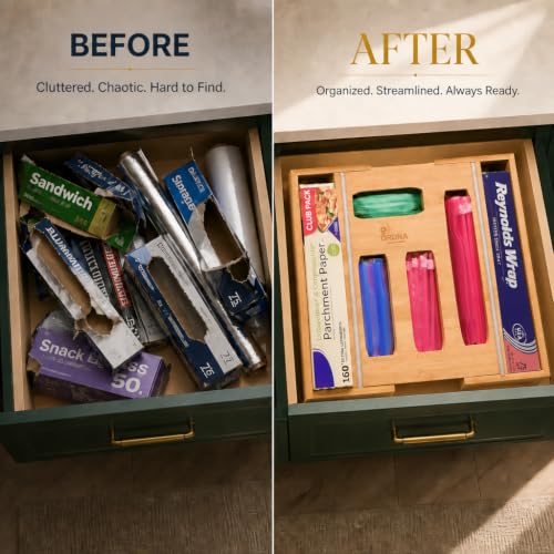 Expandable Bamboo 6-in-1 Kitchen Drawer Organizer for Bags & Wraps