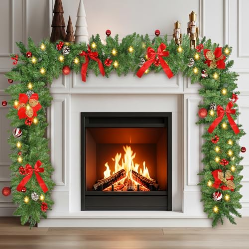 Sukaudiz 9FT Christmas Garland with Lights – Battery-Operated, Timer, Indoor/Outdoor