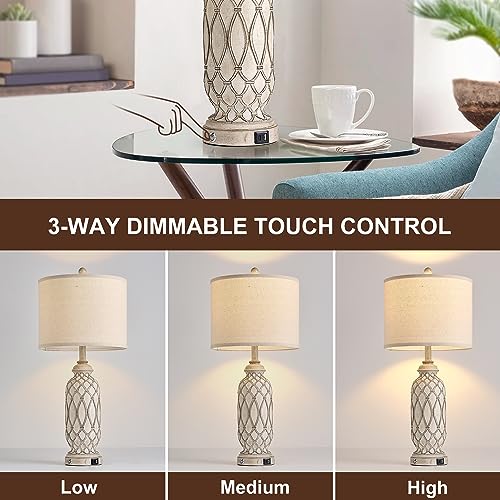 Off White Farmhouse Bedside Table Lamps Set of 2 with USB Ports, 28 Inch Dimmable Nightstand Lamps for Bedroom & Living Room