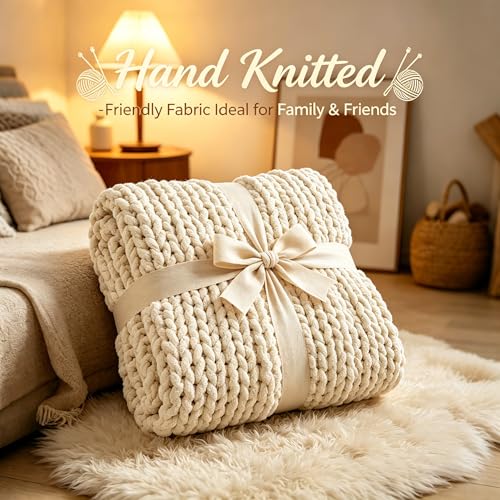 Admitrack Ivory Chunky Knit Blanket Throw 51x63" - Cozy Couch Cover