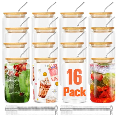 ASKIZ Clear 16Pcs Glass Cups with Bamboo Lids & Straws - 16Oz Ice Coffee & Drinkware Set