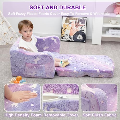 Airpanda Kids Sofa Chair - Purple 2-in-1 Fold-Out Couch with Blanket & Glow Fabric
