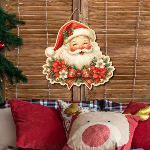 Christmas Santa Door Hanger Vintage Wooden Welcome Sign - Red