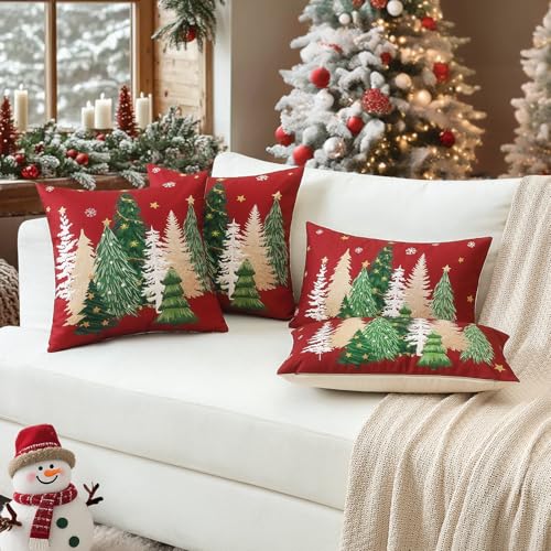 Artscope Christmas Tree Throw Pillow Covers 18x18 Inch Set of 2, Winter Hoilday Christmas Decoration Pillow Cases for Home Decor-Red