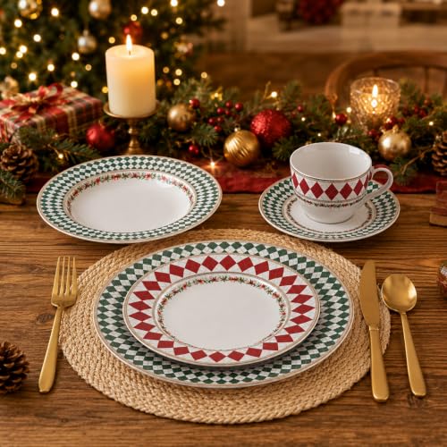 Christmas Argyle Gold Trim Porcelain Dinnerware Set 40-Piece for 8 - Roeveca