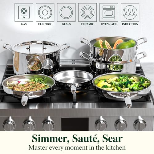 8 10 12 Inch Stainless Steel Frying Pan Set - Fully Clad, Induction Ready, Oven & Dishwasher Safe