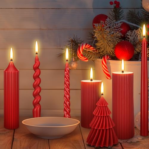 Nuanchu 8 Pcs Christmas Spiral Taper Candles Smokeless, Red