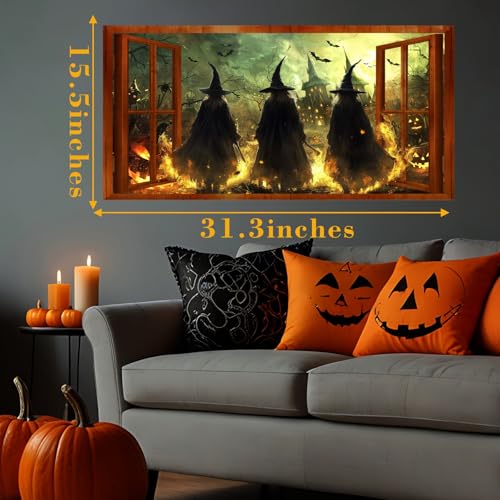 Halloween Witch Wall Stickers 3D Halloween Scene Fake Window Wall Decals Picture Large Holiday Mural Wallpaper Peel and Stick 3D Witches Wall Decor for Bedroom Living Room Home Decoration