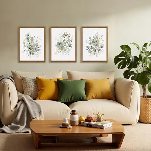 Sage Green Botanical Wall Art Set of 3 - Framed Watercolor Eucalyptus Canvas Prints - 16x12 Inches