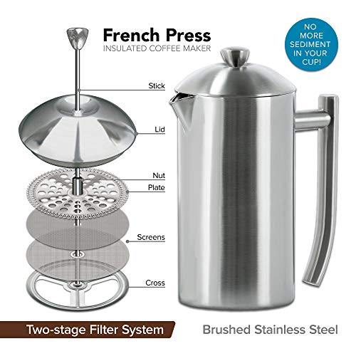 Frieling 17 oz Brushed Stainless Steel Double-Wall Insulated French Press - Travel & Camping Coffee Maker