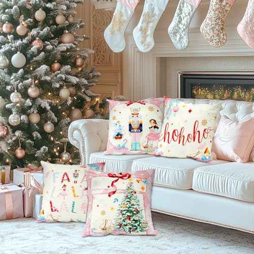 Mocsicka Merry Christmas Nutcracker Pillow Covers 18¡¿18 Inch, Pink Nutcracker Throw Pillow Covers Winter Christmas Holiday Cushion Case for Sofa Couch Bed Home Decorations Set of 4